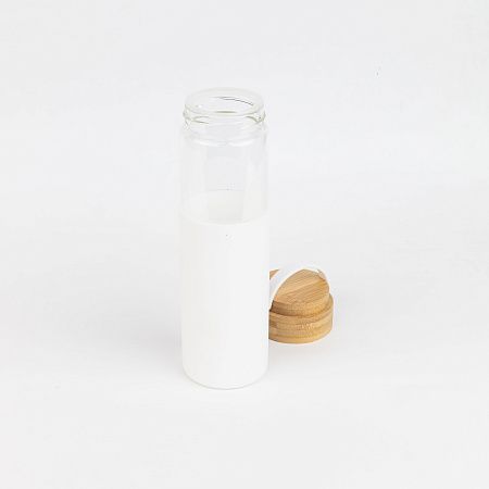 Бутылка стеклянная с силиконовой манжетой и бамбуковой крышкой  Glass, синяя