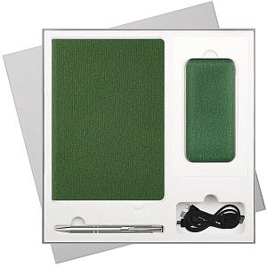 Подарочный набор Твид (Tweed), зеленый (ежедневник, ручка, аккумулятор)