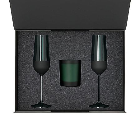 Подарочный набор свеча Энигма (Enigma) + 2 бокала для шампанского Эмеральд (Emerald) в черной коробке