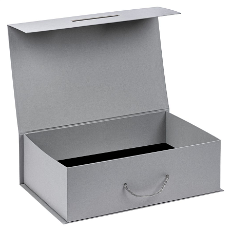 Подарочная коробка, размер 39*26,3*11 см, Solution Prestige Big Case Linen с магнитным клапаном и ручкой , с EVA ложементом 36,8*25,1*4 см под индивидуальную вырубку, серебристая, 