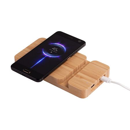 Беспроводное (10W) зарядное устройство "Bamboo Power" 5000 mAh с подставкой под смартфон, бамбук